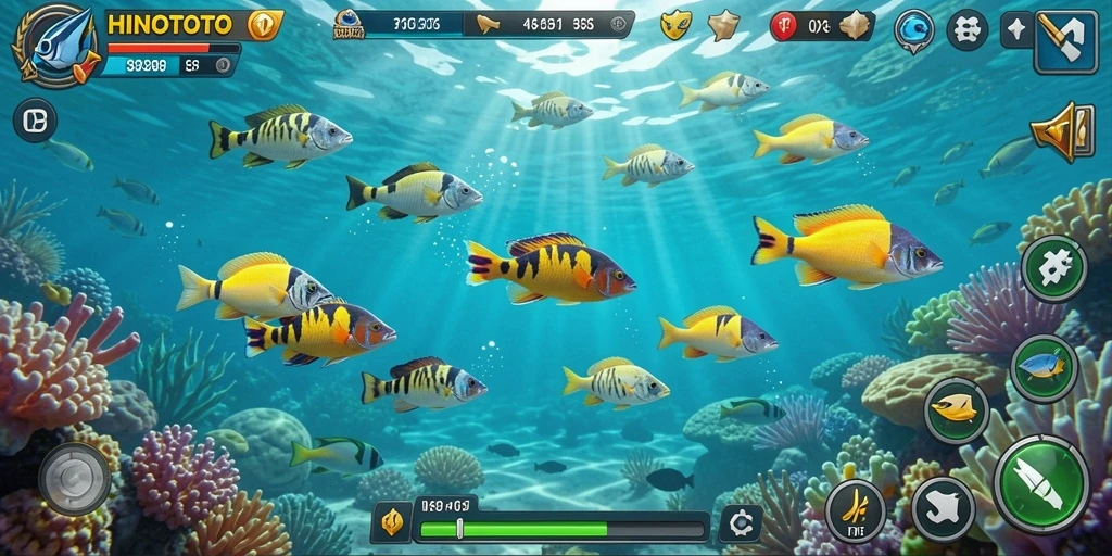 Screenshot gameplay HINOTOTO dengan aksi menembak ikan.