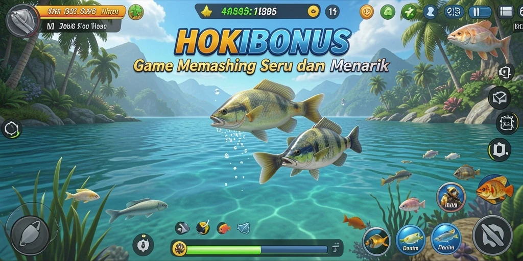 Tampilan gameplay HOKIBONUS saat memancing di lokasi indah.