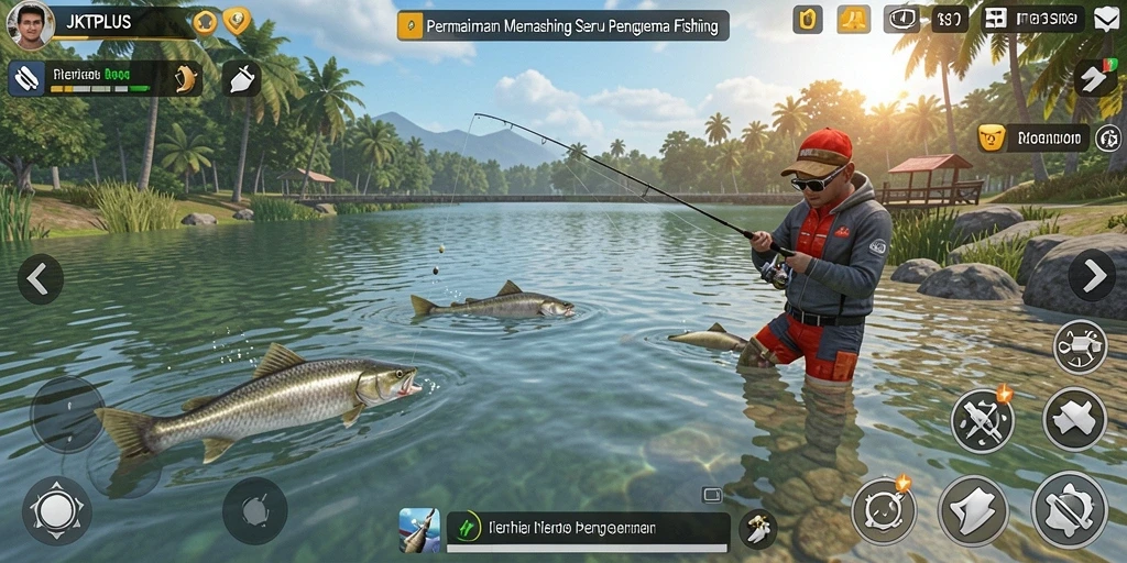 Tampilan gameplay JKTPLUS dengan momen menangkap ikan yang epik.