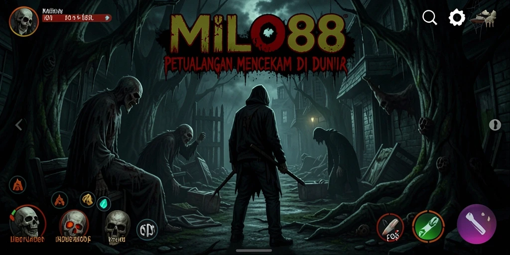 Screenshot gameplay <strong>MILO88</strong> menunjukkan suasana mencekam saat pemain menjelajahi lokasi angker.