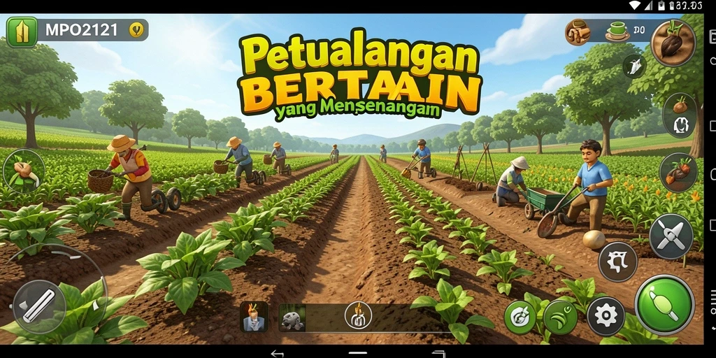 Tampilan gameplay MPO2121 dengan ladang yang subur dan hewan yang lucu.