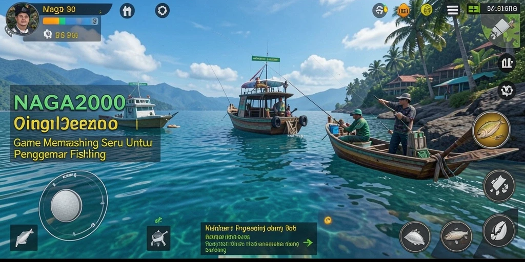 Screenshot gameplay <strong>NAGA2000</strong> yang menampilkan aksi memancing yang seru di lautan.