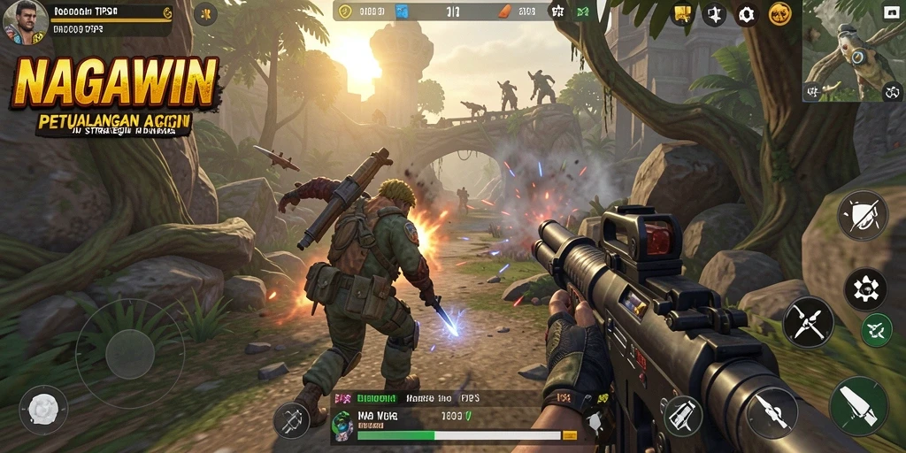 Screenshot gameplay NAGAWIN menunjukkan pertempuran intens dalam grafik yang luar biasa.