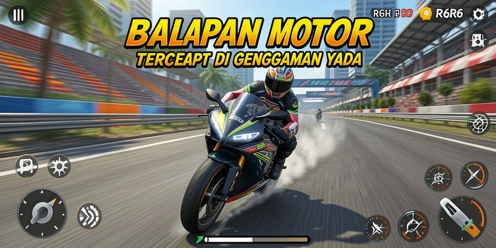 Tangkapan layar utama dari <strong>R6R6</strong> menampilkan aksi balapan motor yang mendebarkan.