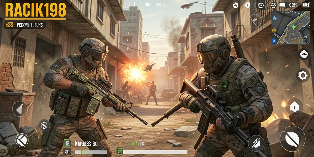 Tampilan mendebarkan dari gameplay RACIK198 dengan aksi tembak-menembak.