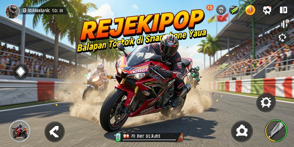 Tampilan balapan seru di REJEKIPOP dengan motor racing yang cepat.
