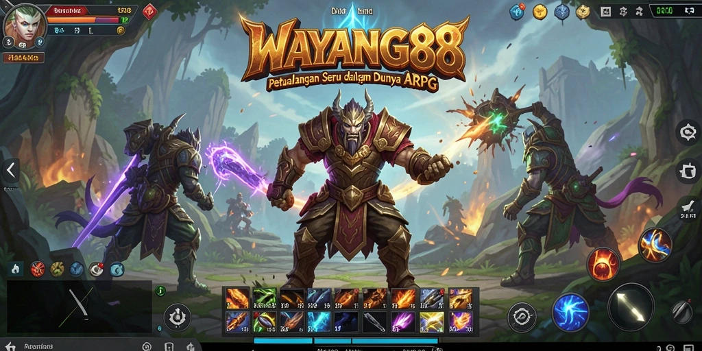 Screenshot gameplay WAYANG88 menampilkan pertempuran seru di dunia fantasi.